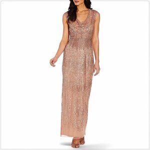 Adrianna Papell Rose Gold Cowl Neck Beaded Sequin Column Gown Dress NWT NEW 4